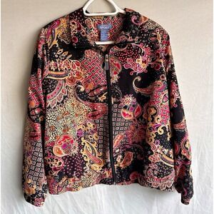 Koret Sport Womens Petite PM Black Orange Paisley Vintage Full Zip Jacket